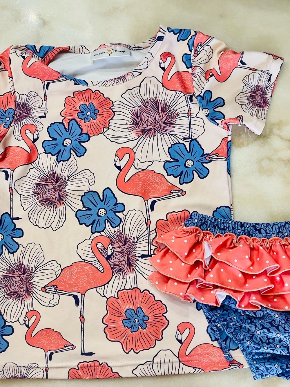 Oopsie Daisy Kids Flamingo Floral Rashguard Set - Coral & Blue